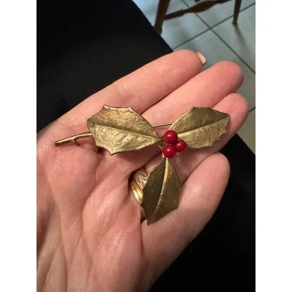 Michael Michaud Holly Leaf Sprig and Berries Brooch Pin